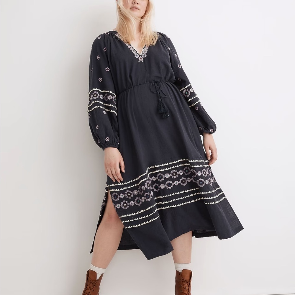 Madewell | Embroidered Neck-Tie | Baloon Sleeve Midi Dress